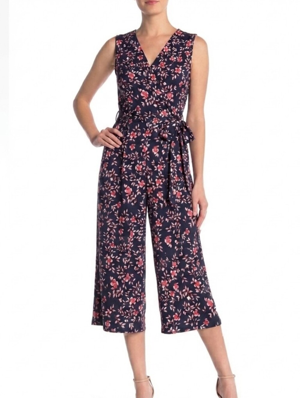 NINA LEONARD Black Floral Tie Wide Leg Cropped Jumpsuit Womens Size S